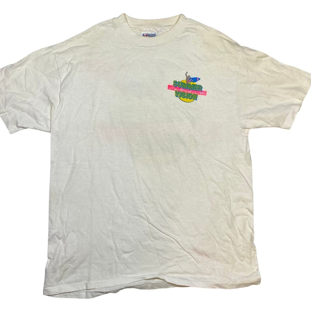 Vintage 1980s Summer Vision Surf Beach Mens Shirt Hanes Beefy-T XL White